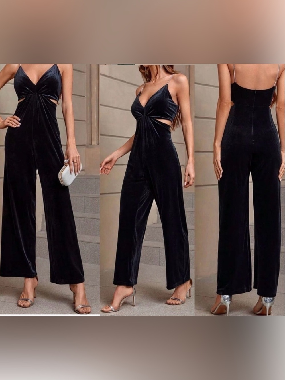 Zara Black Rhinestone Strap Velvet Jumpsuit
Size Large